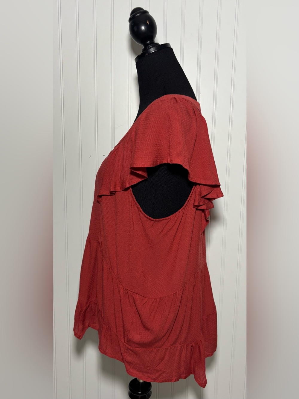 Maurices Ruffled Babydoll Blouse Cap Sleeve Rust Red Womens Size XXL Flowy Boho - Picture 4 of 16